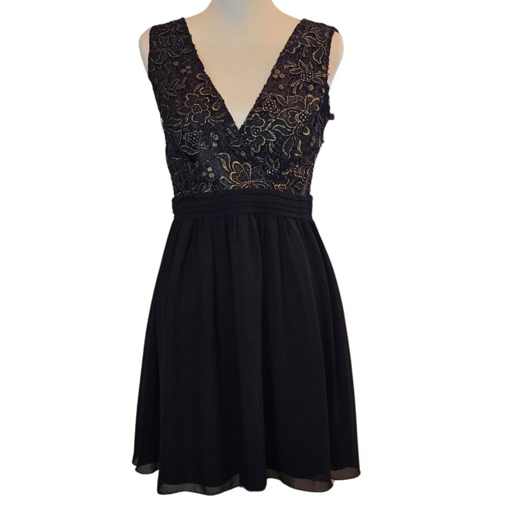LITTLE MISTRESS LONDON Mini V Neck Embroidered Chiffon Dress Sz: 8 Black/Gold
